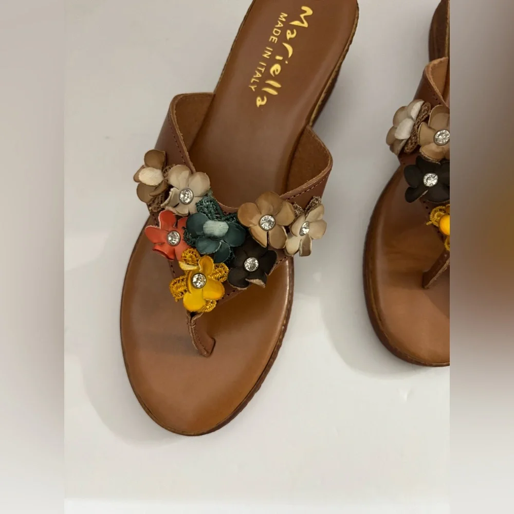 Mariella Women Made in Italy Tan Leather Floral Wedge Sandals Size 39 Summer